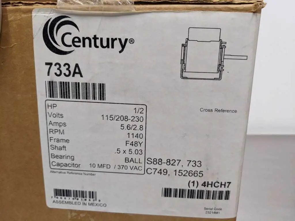 Century 733A Motor 1/2HP 1140 RPM Single Phase Regal 1/60/115,208-230