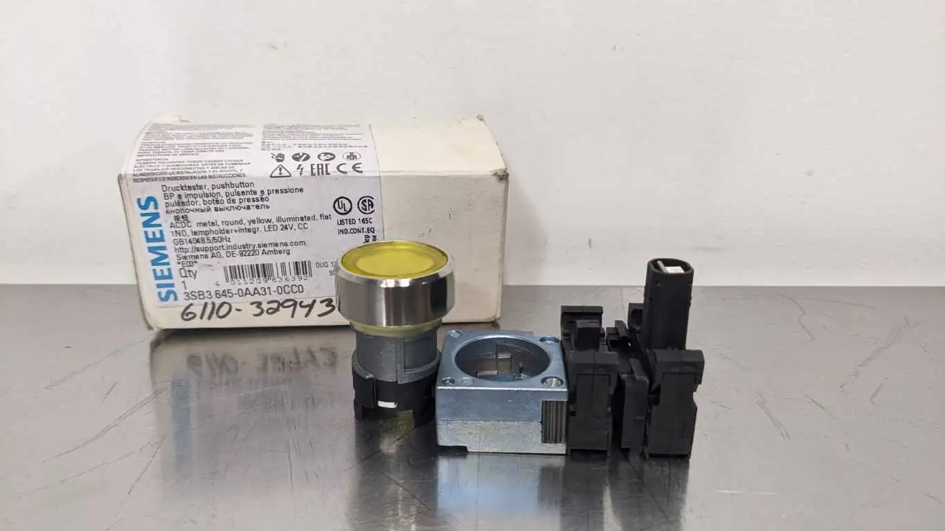 Siemens 3SB3 645-0AA31-0CC0 Illuminated Pushbutton 1NO Yellow ACDC Metal Round LED 24V