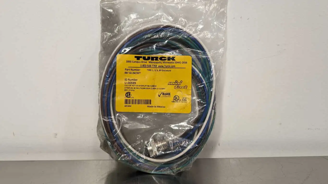 Turck RKF 50-2M/NPT Circular Connector U-00599 600V 9A 5 Pin Wire to 7/8″ Straight Female 2m